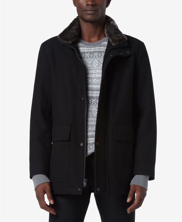 目じるしニューヨーク州 メンズ アウター 上衣・上衣 羊毛 厚地の外套 Marc New York Men\u0027s Brooks Melton Wool Car Coat with Faux Fur Collar Black 黒いこと
