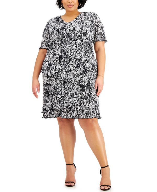 安い コネクテッド レディース ワンピース トップス Plus Size Floral Print Pleated Tiered Dress Black 人気ブランドを Www Chemo Commerce Com