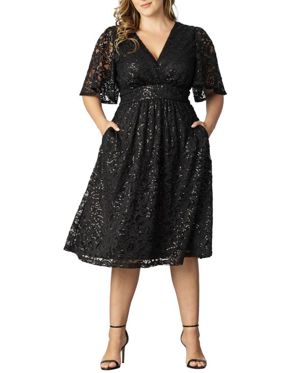 キヨナ レディース トップス ワンピース プラスサイズ スパンコール レース Kiyonna Plus Size Starry Sequined Lace Cocktail Dress Onyx