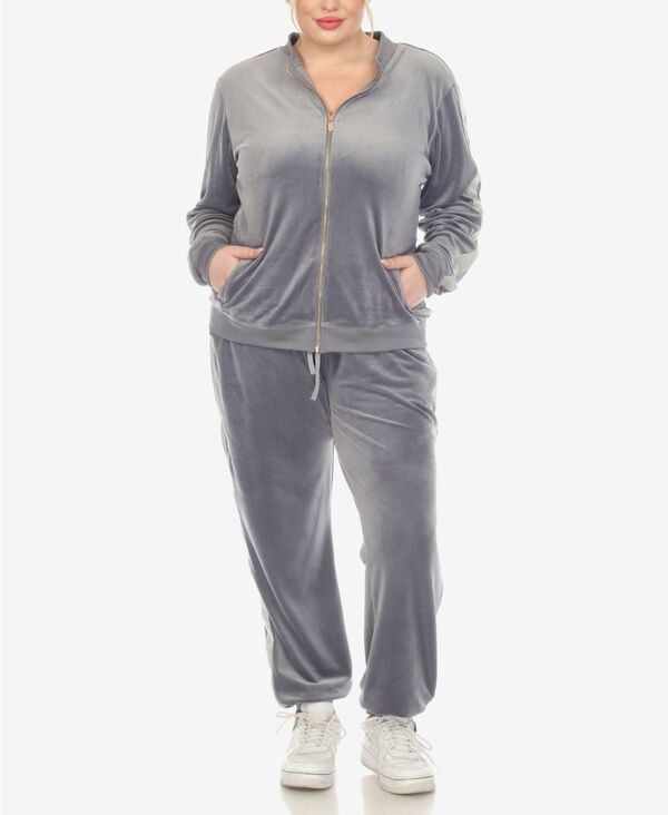 ホワイトマーク レディース アンダーウェア ナイトウェア プラスサイズ トラックスーツ レザー フェイクレザー White Mark Plus Size Faux Leather Stripe Velour 2 Piece Tracksuit Set Charcoal チャコール|ReVida 店