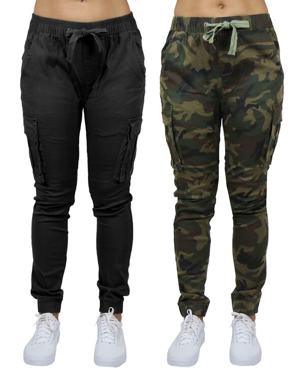 ギャラクシーバイハルビック レディース ボトムス カジュアルパンツ コットン ジョガーパンツ Galaxy By Harvic Women's Loose Fit Cotton Stretch Twill Cargo Joggers Set 2 Pack Black Woodland ブラック