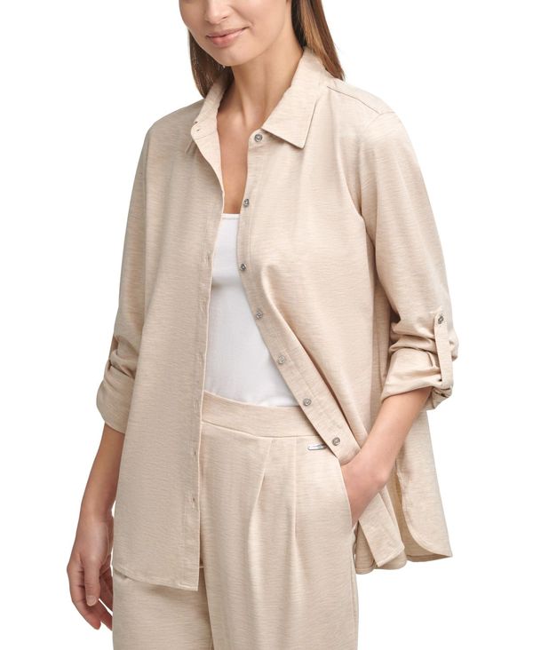 シャツ ブラウス Button Up Knit トップス シャツ レディース カルバンクライン Top Latte Heather 21春夏新作