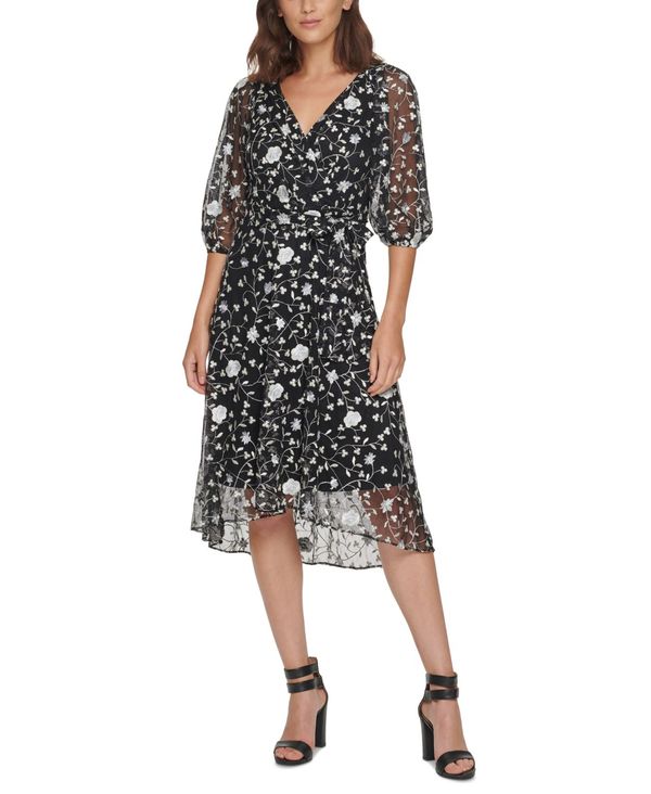 最終値下げ ダナ キャラン ニューヨーク レディース ワンピース トップス Floral Embroidered Puff Sleeve Faux Wrap Dress Black Multi Revida 店 肌触りがいい Secom Com Uy