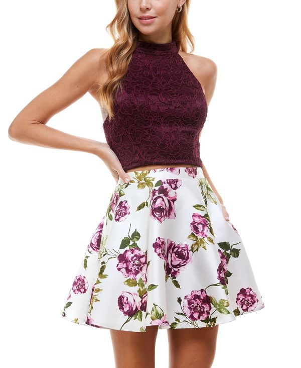 国際ブランド シティー スタジオ レディース ワンピース トップス Juniors Two Piece Halter Dress Wine Ivory 史上最も激安 ワンピース Chitomitho Com