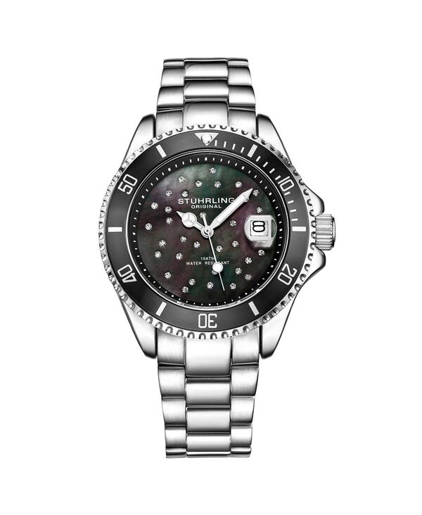 ストゥーリング レディース アクセサリー 腕時計 Tシャツ Stuhrling Ladies Diver Quartz Crystal Studded Case MOP Dial Stainless Steel Bracelet Watch Black ブラック｜ReVida 店