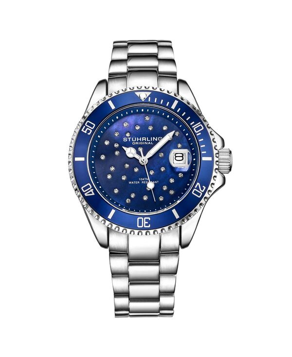 ストゥーリング レディース アクセサリー 腕時計 Tシャツ Stuhrling Ladies Diver Quartz Crystal Studded Case MOP Dial Stainless Steel Bracelet Watch Blue ブルー