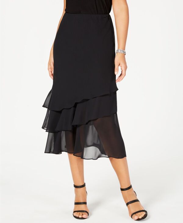 アレックスイブニングス レディース トップス ワンピース ティアード シフォン プチ スカート Alex Evenings Petite Skirt Tiered Chiffon Tea Length Black ブラック
