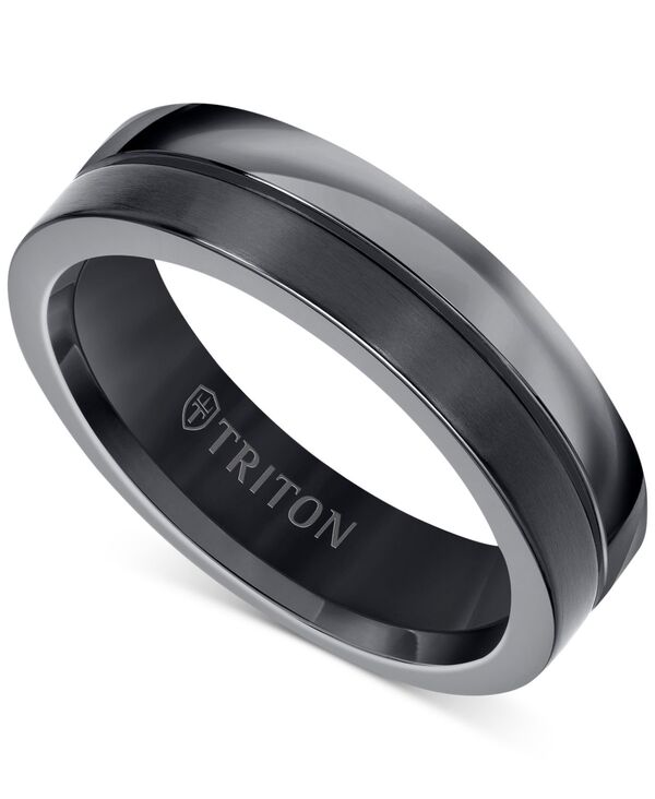 トリトン メンズ アクセサリー リング Triton Men's Two-Tone Textured Insert Wedding Band in Titanium Black ブラック