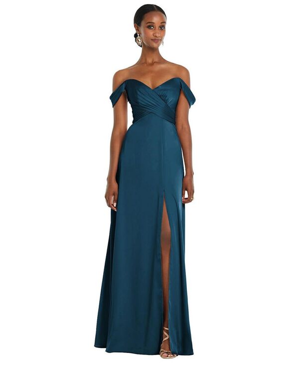 ドレッシーコレクション レディース トップス ワンピース フロントスリット エンパイア Dessy Collection Womens Off-the-Shoulder Flounce Sleeve Empire Waist Gown with Front Slit Atlantic blue ブルー