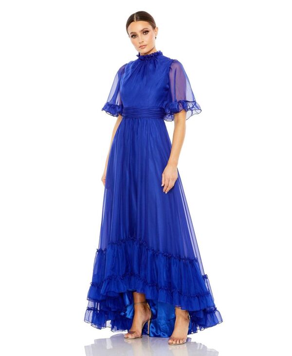 マックダガル レディース トップス ワンピース ハイネック フリル Mac Duggal Women's Ruffled High Neck Flutter Sleeve High Low Hem Gown Sapphire サファイア|ReVida 店
