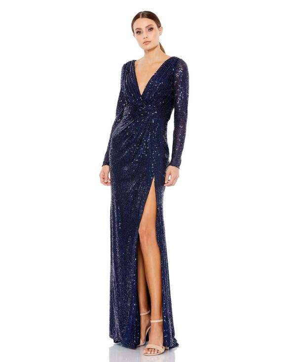 マックダガル レディース トップス ワンピース スパンコール Mac Duggal Women's Ieena Sequined Long Sleeve Gown Midnight|ReVida 店