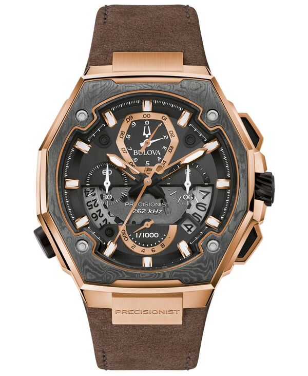 ブロバ メンズ アクセサリー 腕時計 レザー Bulova Men's Precisionist Brown Leather Strap Watch 44.7x46.8mm - A Special Edition Rose Gold-tone ゴールド
