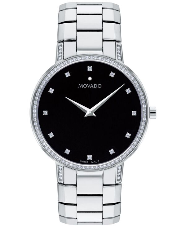 モバド メンズ アクセサリー 腕時計 Tシャツ Movado Men's Swiss Faceto Diamond (3/8 ct. t.w.) Stainless Steel Bracelet Watch 39mm Black ブラック