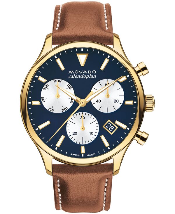 モバド メンズ 付属品 ウオッチ なめし革 Movado Men\u0027s Heritage Calendoplan Swiss Quartz Chronograph Cognac Genuine Leather Strap Watch 43粍 Brown 赤銅色