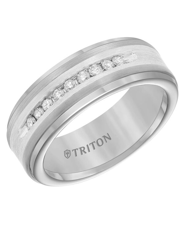 トリトン メンズ アクセサリー リング サテン Triton Men's Diamond Satin Finish Comfort Fit Wedding Band (1/4 ct. t.w.) in Tungsten Carbide & Sterling Sterling Silver シルバー｜ReVida 店