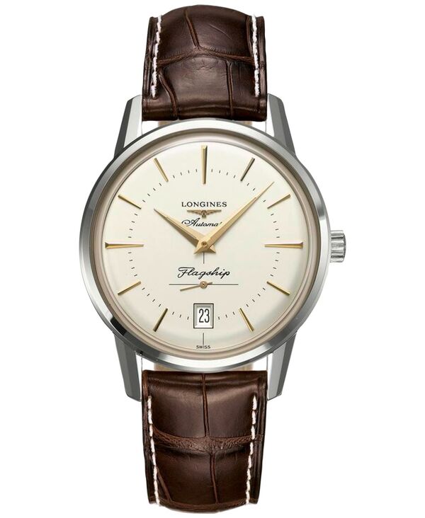 ロンジン メンズ アクセサリー 腕時計 レザー Longines Unisex Swiss Automatic Flagship Heritage Brown Leather Strap Watch 39mm Silver シルバー