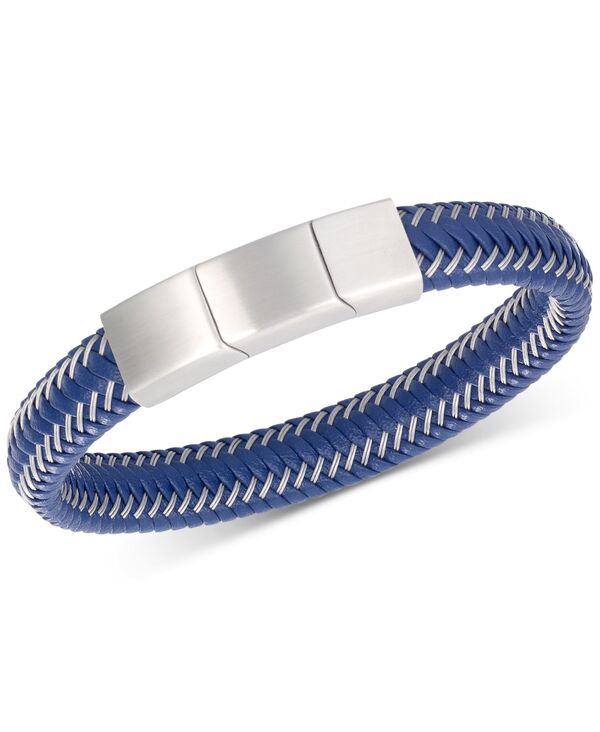 シモン アイ スミス メンズ アクセサリー ブレスレット・バングル・アンクレット Tシャツ レザー LEGACY for MEN by Simone I. Smith Men Blue Leather Braided Bracelet in Stainless Steel Blue ブルー