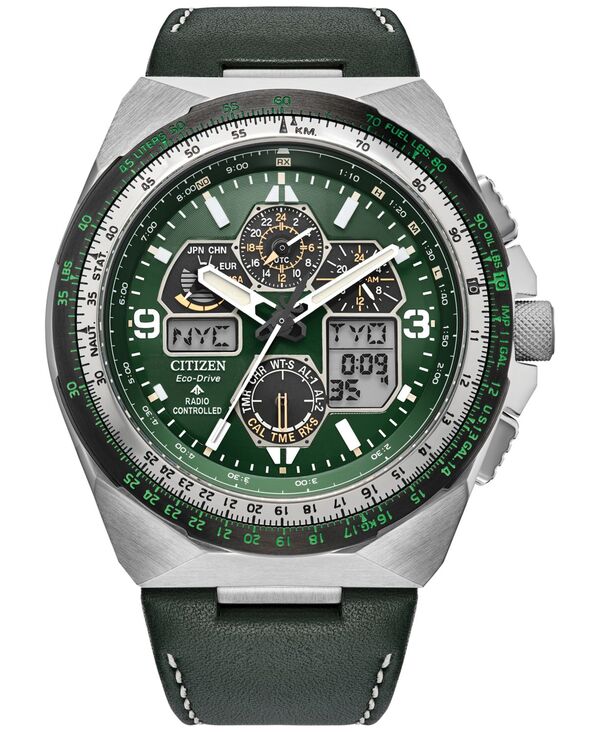 シチズン メンズ 佩び物 ウォッチ なめし革 Citizen Eco-Drive Men\u0027s Chronograph Promaster Skyhawk Green Leather Strap Watch 46粍 Green 緑であること
