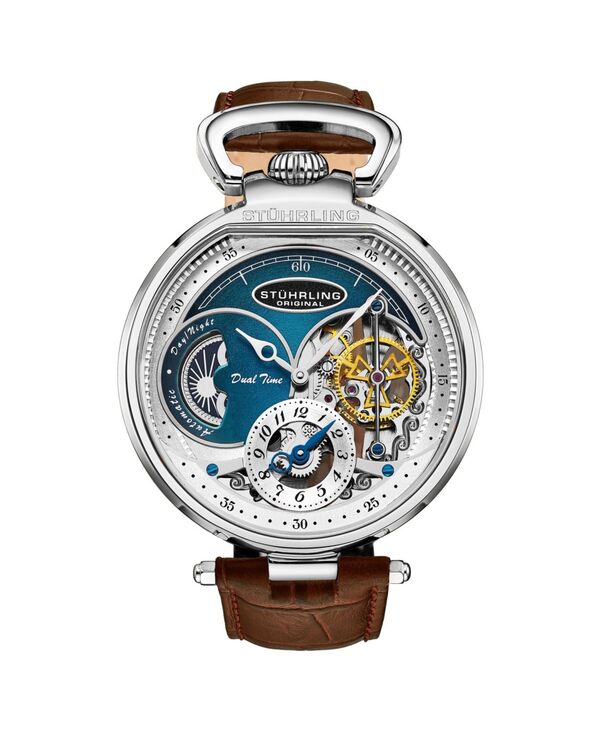 ストゥーリング メンズ アクセサリー 腕時計 レザー Stuhrling Men's Automatic Dual Time Alloy Case Skeleton Dial Alligator Embossed Genuine Leather Strap Watch Brown ブラウン｜ReVida 店