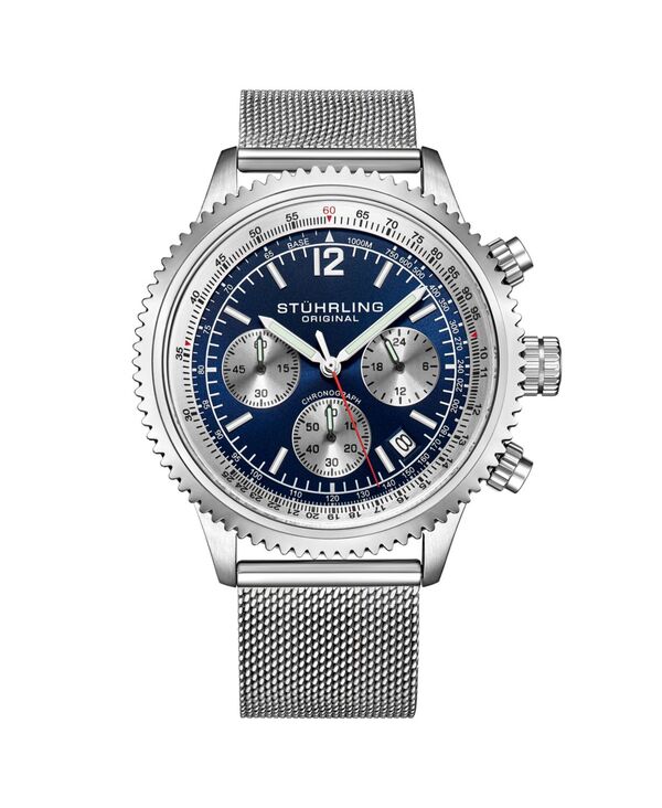 ストゥーリング メンズ アクセサリー 腕時計 Tシャツ Stuhrling Men's Monaco Silver-tone Stainless Steel Blue Dial 47mm Round Watch Silver-tone シルバー|ReVida 店