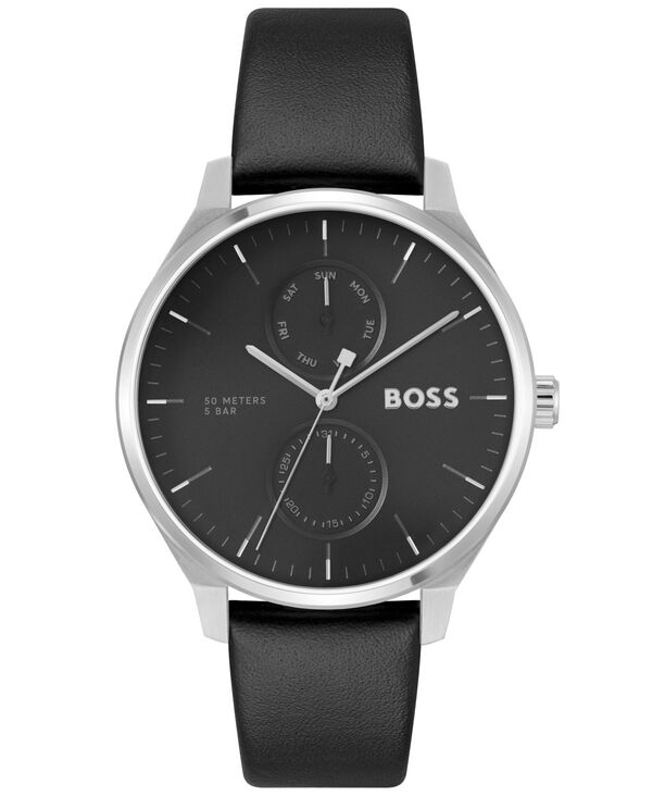 ヒューゴボス メンズ アクセサリー 腕時計 レザー Hugo Boss Men's Tyler Quartz Multifunction Black Leather Watch 43mm Black ブラック｜ReVida 店