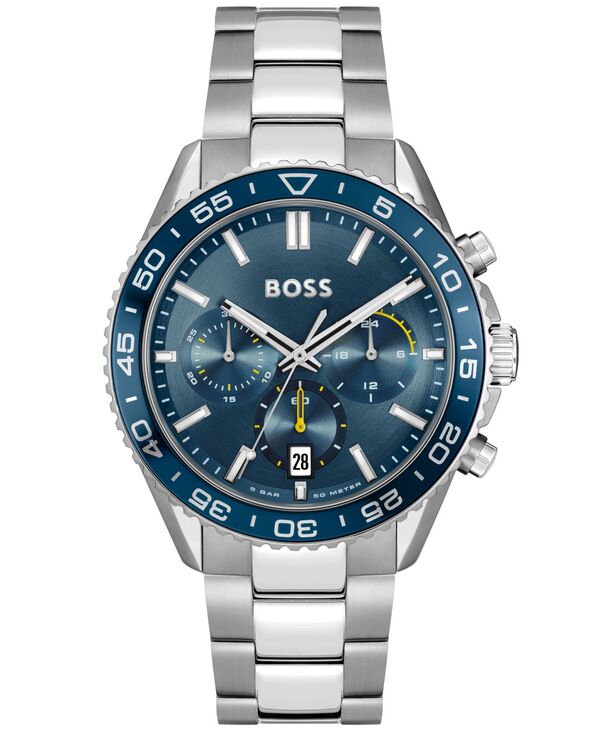 ヒューゴボス メンズ 付属品 ウオッチ プルオーバー Hugo Boss Men\u0027s Runner Quartz Chrono Silver-Tone Stainless Steel Watch 44粍 Stainless Steel しろがね色