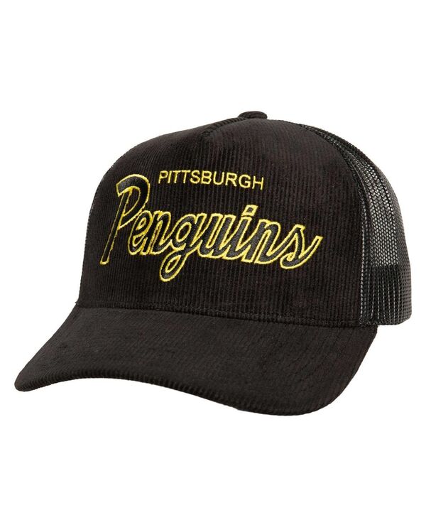 ミッチェル&ネス メンズ アクセサリー 帽子 Mitchell & Ness Men's Black Pittsburgh Penguins Times Up Classic Script Cord Trucker Adjustable Hat Black ブラック