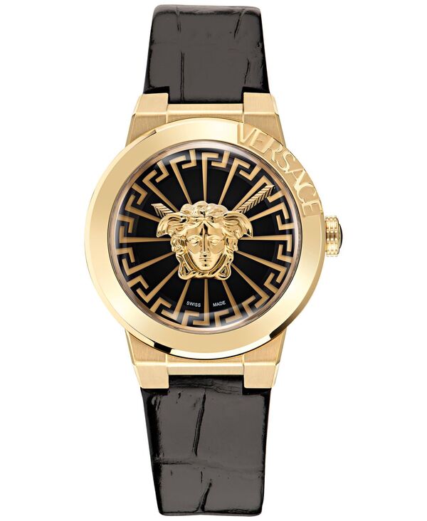 ヴェルサーチ レディース アクセサリー 腕時計 レザー Versace Women's Swiss Medusa Infinite Black Leather Strap Watch 38mm Ip Yellow Gold イエロー