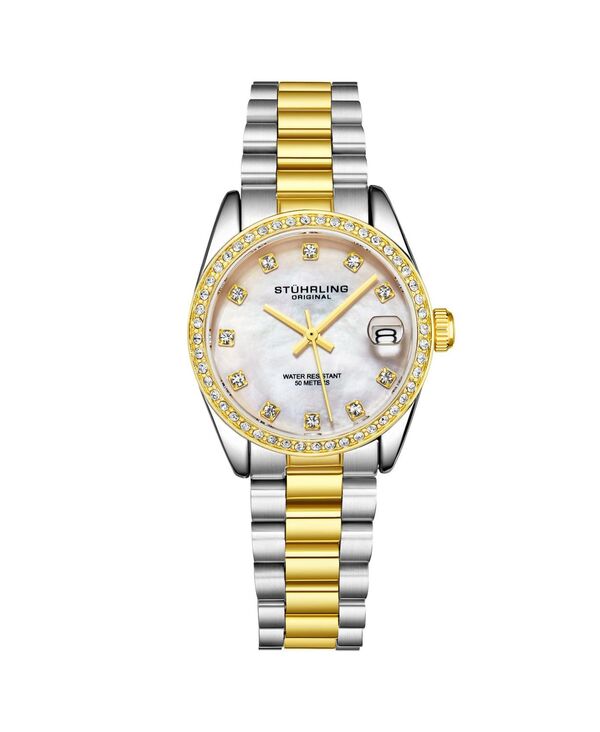 ストゥーリング レディース アクセサリー 腕時計 Tシャツ Stuhrling Women's Quartz Crystal Studded Bezel MOP Dial Stainless Steel Bracelet Watch White Pink Mother of Pearl ホワイト