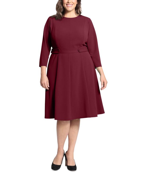 ロンドンタイムス レディース トップス ワンピース プラスサイズ London Times Plus Size 3/4-Sleeve Tab-Waist Fit & Flare Dress Aubergine オーバージーン