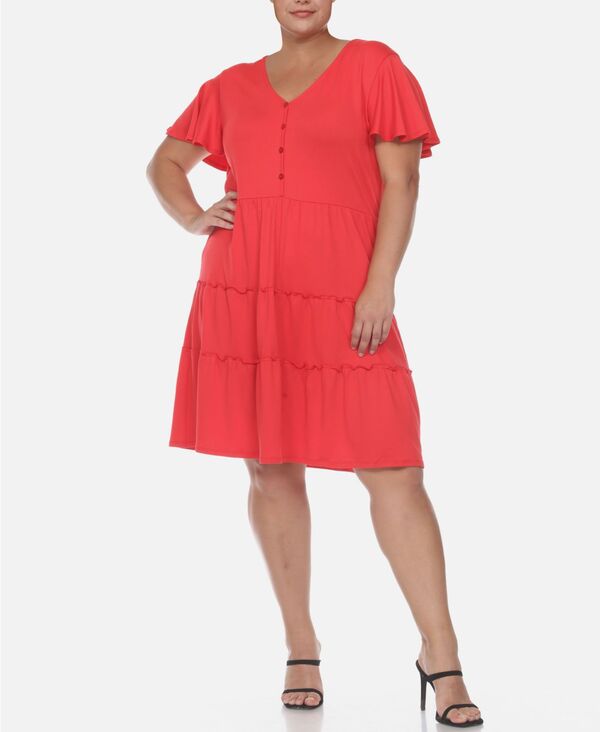 ホワイトマーク レディース トップス ワンピース Vネック ティアード ミディワンピース プラスサイズ ミディ White Mark Plus Size Short Sleeve V-neck Tiered Midi Dress Red レッド|ReVida 店