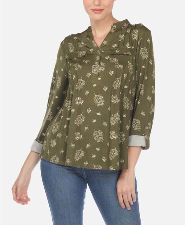 ホワイトマーク レディース トップス シャツ プリーツ プリント ブラウス White Mark Women's Pleated Leaf Print Blouse Olive オリーブ