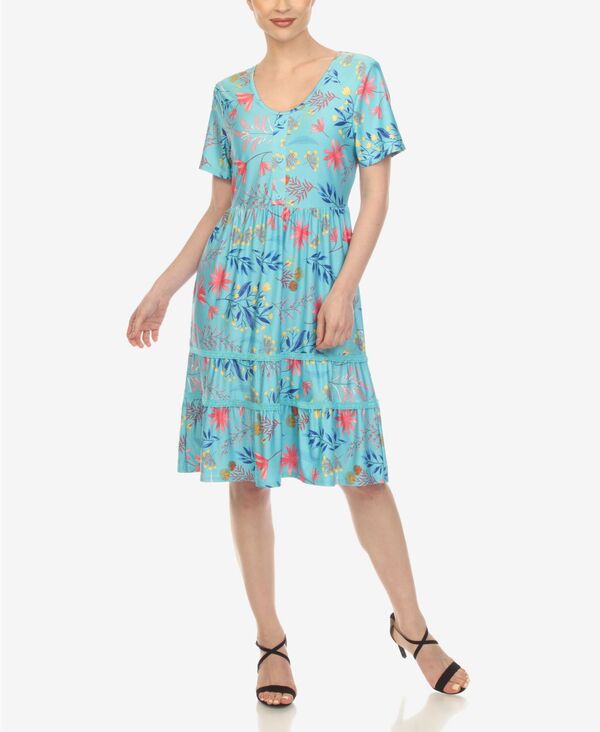 ホワイトマーク レディース トップス ワンピース ひざ丈 フラワー柄 フラワー White Mark Women's Floral Short Sleeve Knee Length Dress Blue ブルー｜ReVida 店