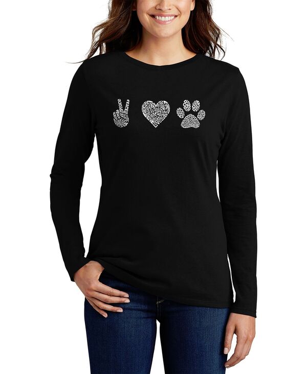 エルエーポップアート レディース トップス シャツ Tシャツ LA Pop Art Women's Peace Love Dogs Word Art Long Sleeve T-shirt Black ブラック｜ReVida 店