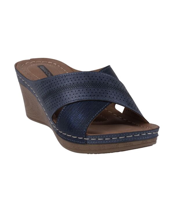 ジーシーシューズ レディース シューズ サンダル コントラスト GC Shoes Women's Hayden Perforated Contrast Cross Strap Wedge Sandals Navy ネイビー