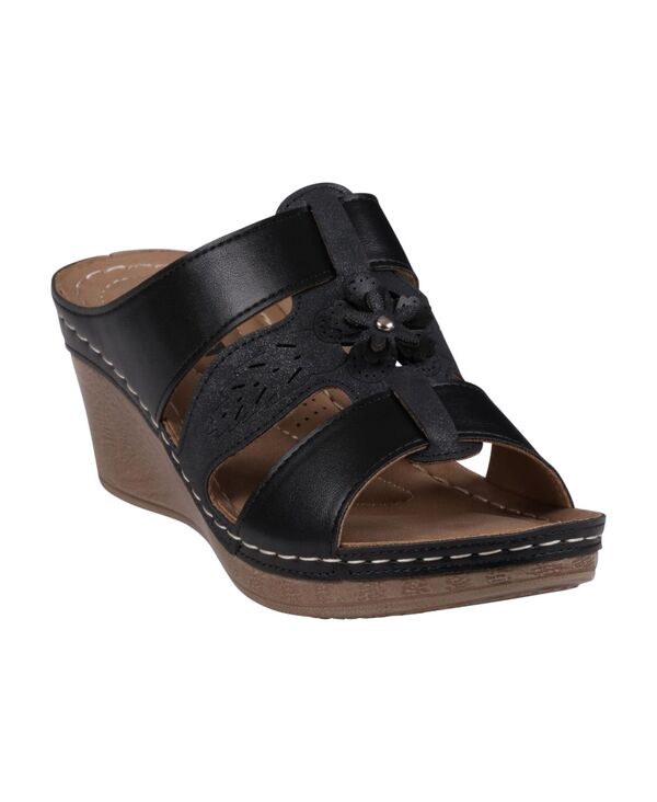 ジーシーシューズ レディース シューズ サンダル GC Shoes Women's Spring Triple Band Flower Wedge Sandals Black ブラック｜ReVida 店