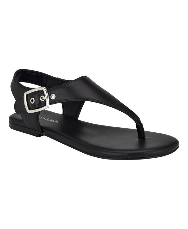 カルバンクライン レディース シューズ サンダル Calvin Klein Women's Moraca Round Toe Flat Casual Thong Sandals Black - Faux Leather - Polyurethane ブラック｜ReVida 店