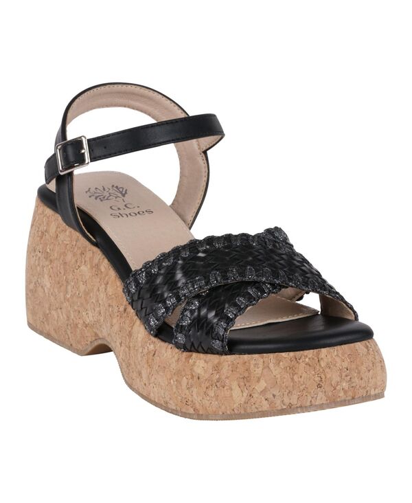 ジーシーシューズ レディース シューズ サンダル プラットフォーム GC Shoes Women's Lucy Woven Cork Platform Wedge Sandals Black ブラック|ReVida 店