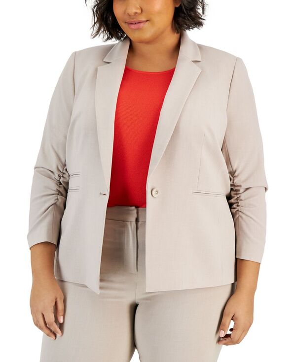 タハリエーエスエル レディース アウター ジャケット・ブルゾン プラスサイズ ギャザー ブレザー Tahari ASL Plus Size Notched Collar Ruched-Sleeve Blazer Sand サンド