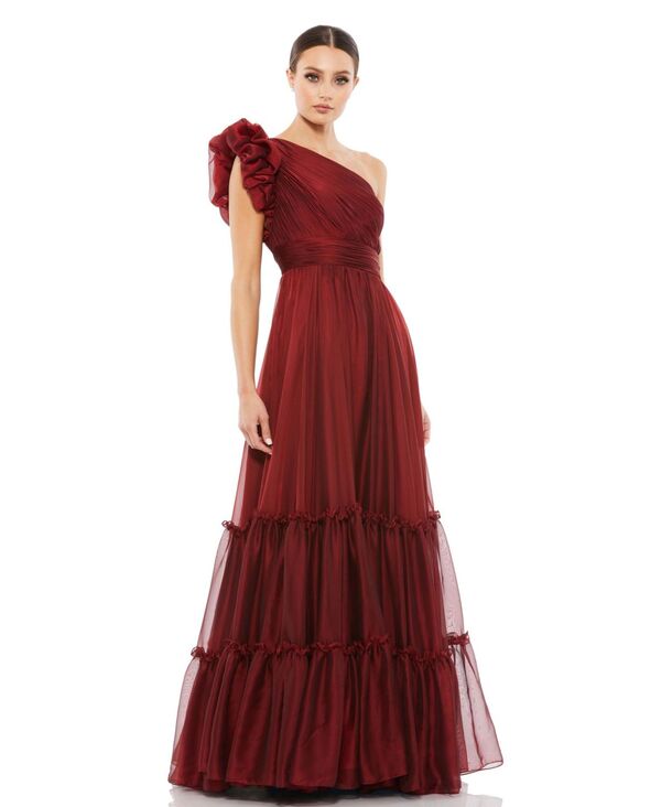 マックダガル レディース トップス ワンピース ティアード シフォン フリル Mac Duggal Women's Ruffled One Shoulder Tiered Chiffon Gown Wine ワイン｜ReVida 店