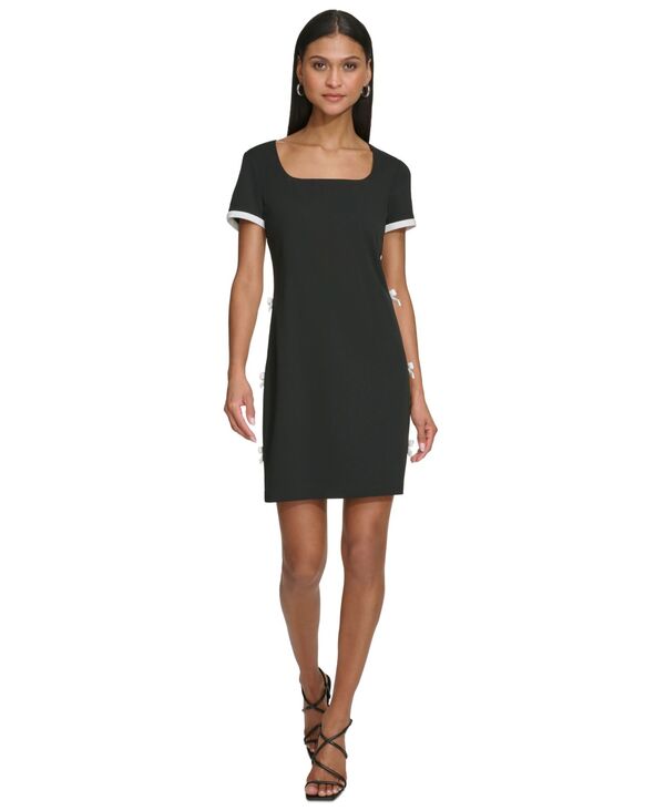 カール ラガーフェルド レディース トップス ワンピース クレープ スキューバ KARL LAGERFELD PARIS Women's Bow Trim Scuba Crepe Sheath Dress Black Soft White ホワイト|ReVida 店
