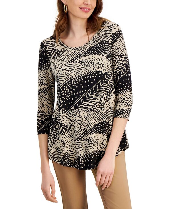 ジェイエムコレクション レディース トップス シャツ プリント ニット JM Collection Women's Printed Knit 3/4-Sleeve Top Texture Waves｜ReVida 店