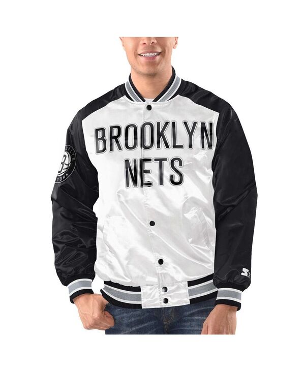 スターター メンズ アウター ジャケット・ブルゾン サテン ジャケット Starter Men's White Black Brooklyn Nets Renegade Satin Full-Snap Varsity Jacket White Black ホワイト
