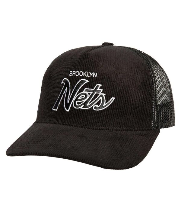 ミッチェル&ネス メンズ アクセサリー 帽子 Mitchell & Ness Men's Black Brooklyn Nets Times Up Classic Script Cord Trucker Hat Black ブラック