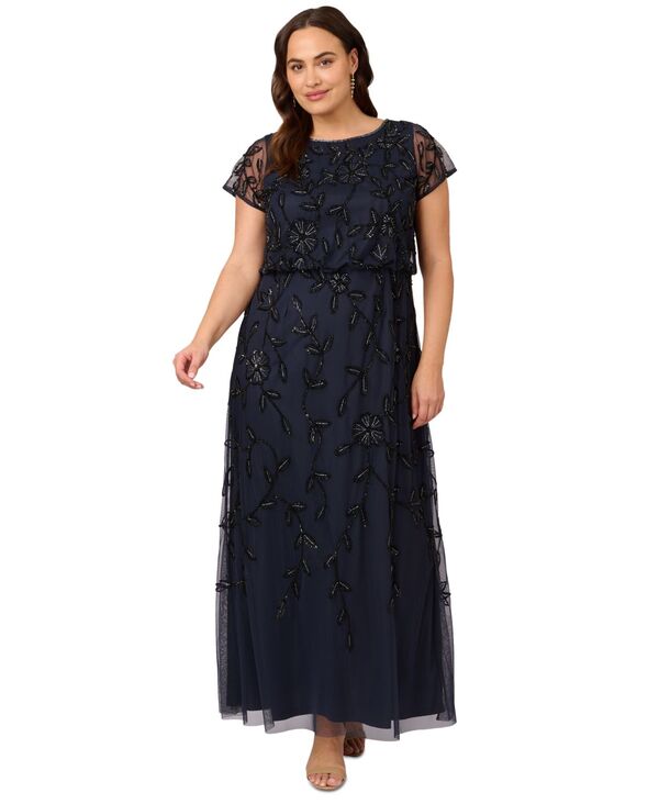 アドリアナ パペル レディース トップス ワンピース プラスサイズ 半袖 Adrianna Papell Plus Size Blouson Beaded Short-Sleeve Gown Navy Black ブラック