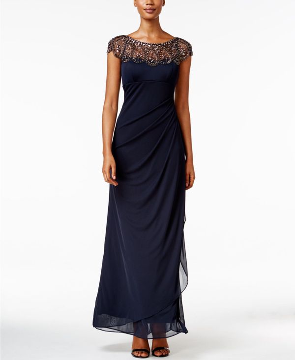 レディースファッション ワンピース Petite トップス ワンピース レディース エスケープ Embellished Blue Navy Gown Illusion 新品 Www Rrj Mu