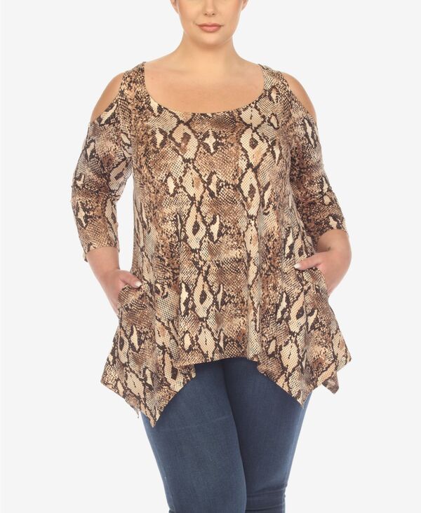 ホワイトマーク レディース トップス シャツ プラスサイズ プリント White Mark Plus Size Snake Print Cold Shoulder Tunic Top Brown ブラウン