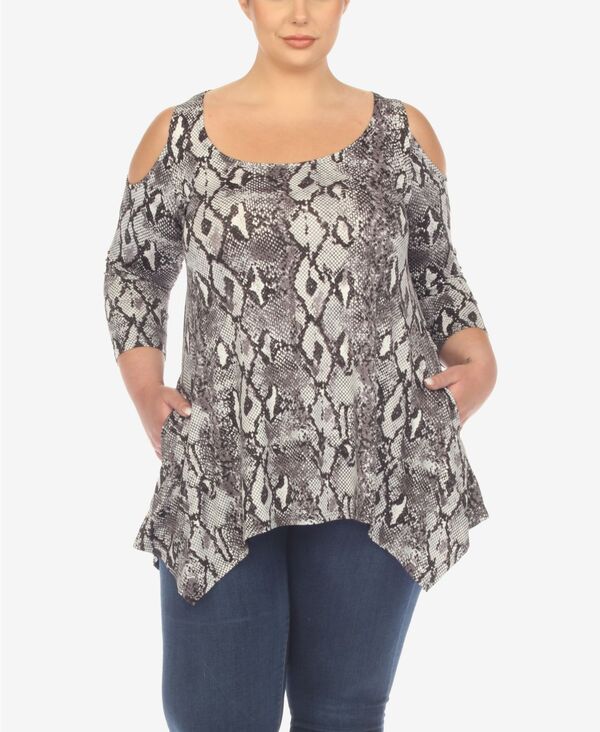 ホワイトマーク レディース トップス シャツ プラスサイズ プリント White Mark Plus Size Snake Print Cold Shoulder Tunic Top White ホワイト