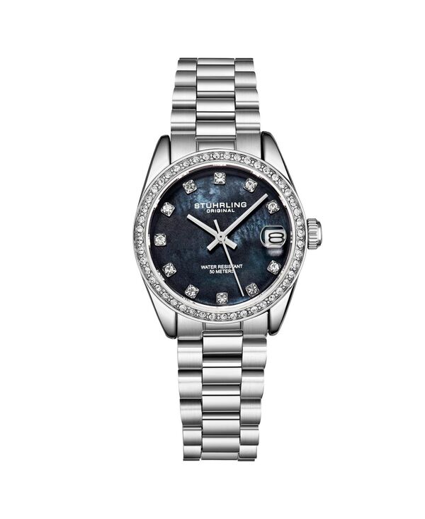 ストゥーリング レディース アクセサリー 腕時計 Tシャツ Stuhrling Women's Quartz Crystal Studded Bezel MOP Dial Stainless Steel Bracelet Watch Black Mother of Pearl パール