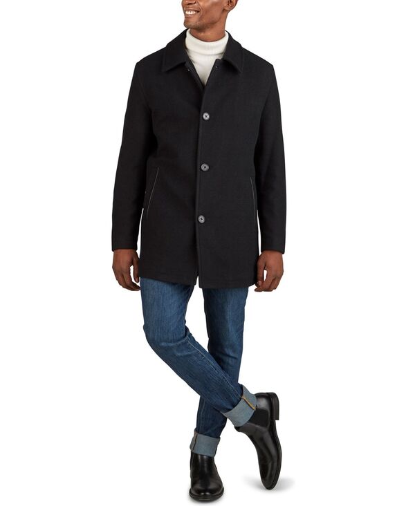 コールハーン メンズ アウター ジャケット・ブルゾン コート レザー Cole Haan Men's Classic-Fit Car Coat with Faux-Leather Trim Black ブラック